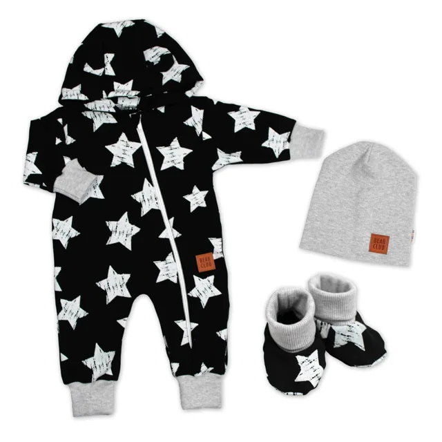 Baby Nellys Rostoucí teplákový overal, čepice, botky, 3D, Nature Star - černý, 80/86