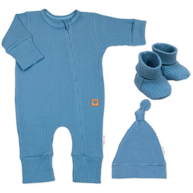 Baby Nellys Rostoucí žebrovaný overálek, čepička a botičky, 3D, Nature - jeans, 62/68