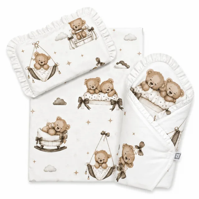 Baby Nellys Sada pro panenku 3D, zavinovovačka, peřinka a polštářek, Medvídci, béžová