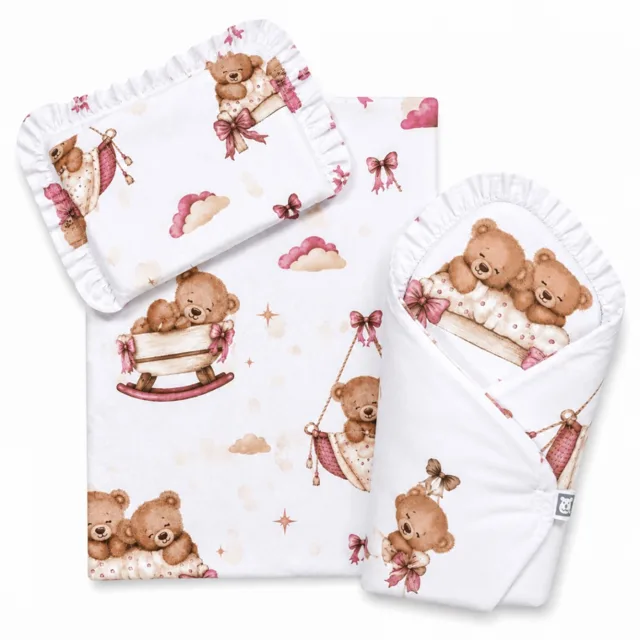 Baby Nellys Sada pro panenku 3D, zavinovovačka, peřinka a polštářek, Medvidcí, růžová