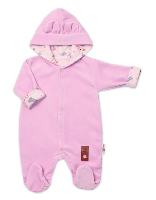 Baby Nellys Semiškový, velurový overal s kapucí Baby Nellys Bunny II., růžový, vel. 74