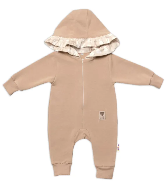 Baby Nellys Teplákový overal s kapucí a volánkem, New Bunny ,cappuccino, 86