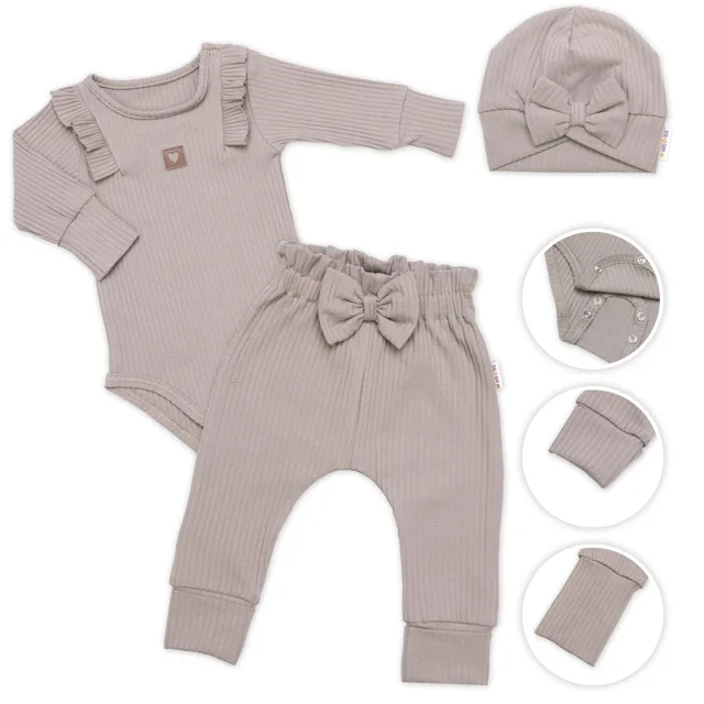 Baby Nellys Žebrovaná rostoucí souprava 3D, Baby Girl - taupe, vel. 68/74