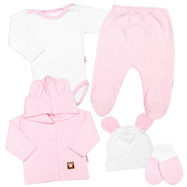 Baby Nellys Žebrovaná sada, Star 5D, body, polodupačky, kabátek, čepička - růžová, bílá,68