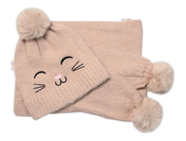 Baby Nellys Zimní čepice s bambulí + šál, Kitty, cappuccino vel.  54/58