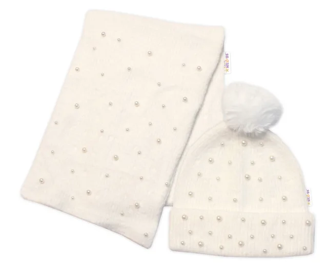 Baby Nellys Zimní čepice s bambulí + šál, Pearls, smetanová vel.  54/58