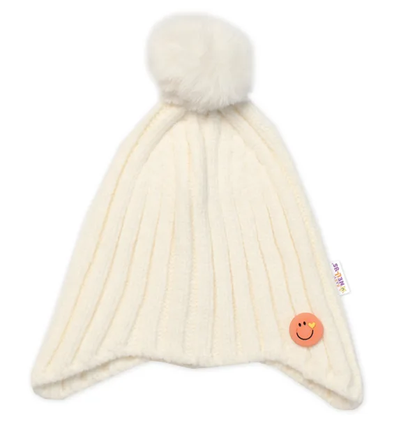 Baby Nellys Zimní čepice s bambulí Smile, smetanová,48-54 cm