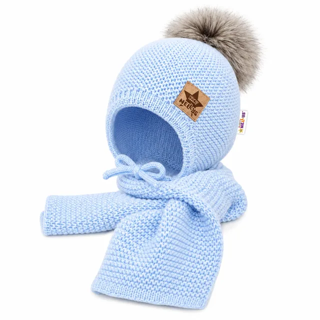 Baby Nellys Zimní čepička s šálou - chlupáčková bambulka - sv. modrá/šedá