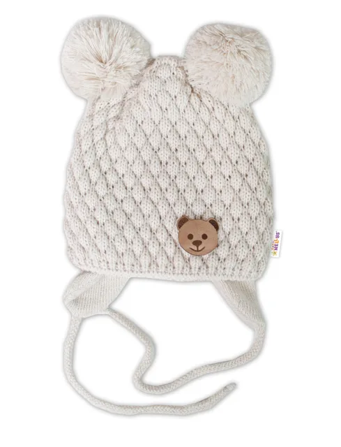 Baby Nellys Zimní pletená čepice Teddy Bear, ecru, 68/80