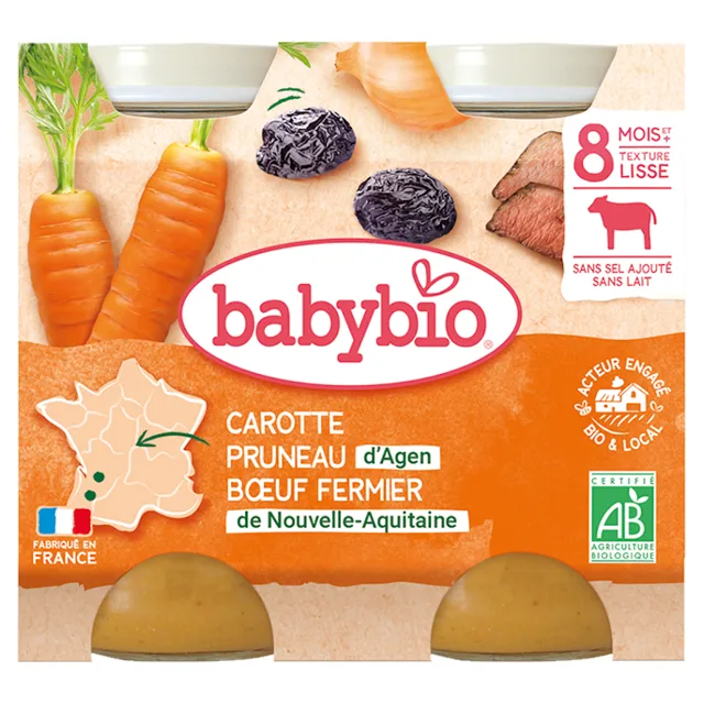 BABYBIO Denní menu Mrkev a sušené švestky s hovězím masem 2x200 g