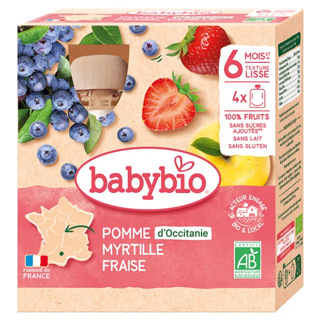 BABYBIO Jablko s borůvkou a jahody 6m+ 4 x 90 g