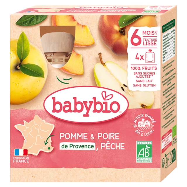 BABYBIO Jablko s hruškou a broskví 6m+ 4 x 90 g
