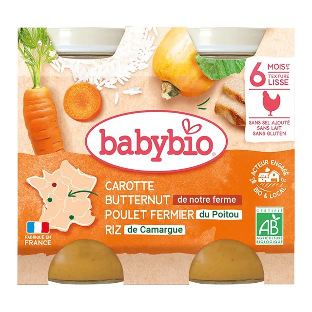 Babybio Mrkev s máslovou dýní, kuřetem a rýží 2x200 g