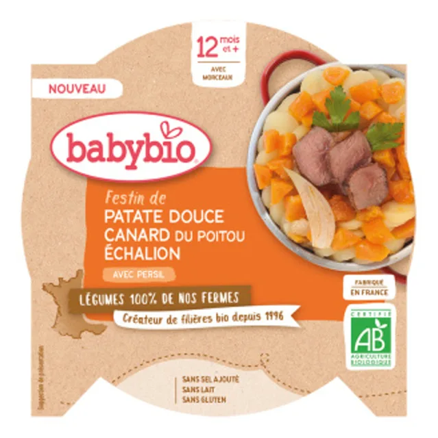 BABYBIO Sladké brambory s kachním masem z volného chovu, šalotkou Echalion a špetkou rozmarýnu 230 g