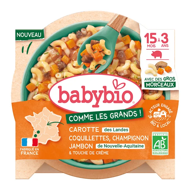 Babybio Těstoviny coquillettes s mrkví, žampiony, šunkou a smetanou 200 g