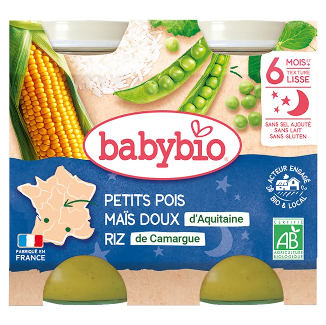 BABYBIO Večerní menu Hrášek se sladkou kukuřicí a rýží 2x200 g