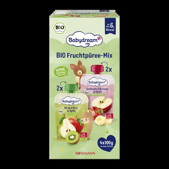 Babydream BIO Ovocné příkrmy Mix Hruška, kiwi, jablko + jahoda, banán, jablko 360 g