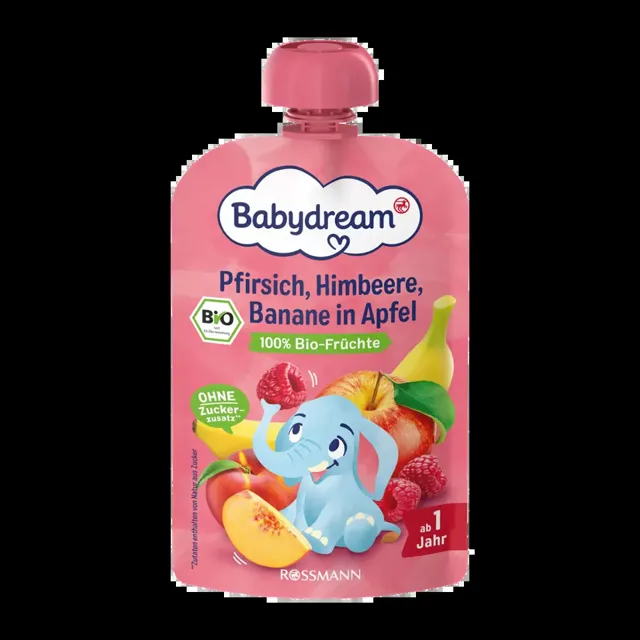Babydream BIO ovocný příkrm broskev, jablko, banán a malina 100 g