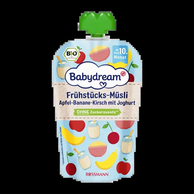 Babydream BIO ovocný příkrm jablko, banán, třešeň a jogurt s müsli 100 g