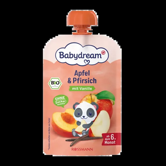 Babydream BIO ovocný příkrm Jablko, broskev a vanilka 100 g