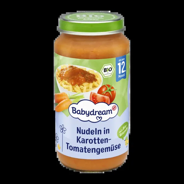 Babydream BIO příkrm nudle v mrkvi s rajčaty 250 g