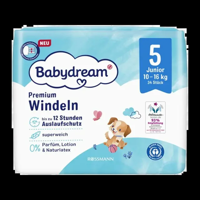 Babydream Pleny Premium Junior, 10–16 kg, vel. 5 34 ks 34 ks