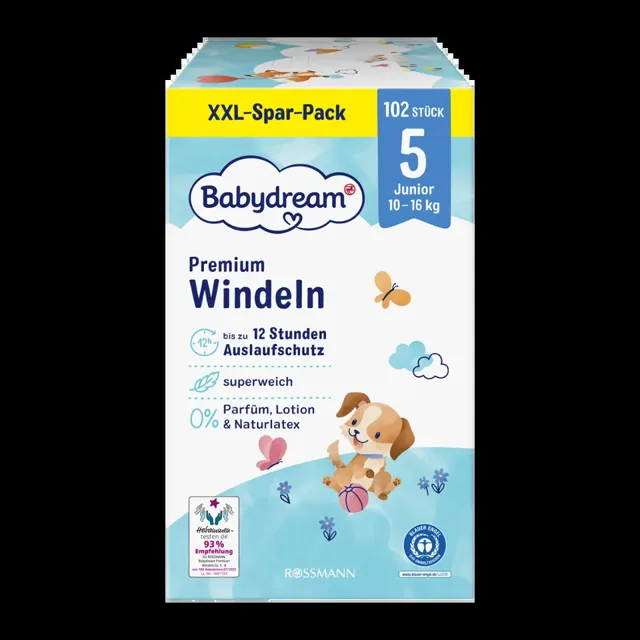 Babydream Pleny Premium Junior, 10–16 kg, vel. 5, Megapack 102 ks 102 ks
