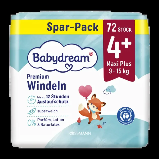 Babydream Pleny Premium Maxi Plus, 9–15 kg, vel. 4+, Jumbo-Pack 72 ks 72 ks