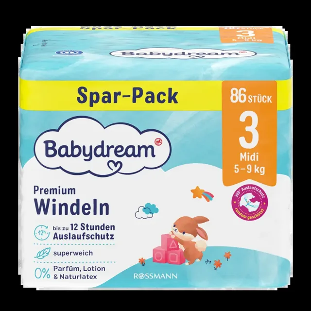 Babydream Pleny Premium Midi, 5–9 kg, vel. 3, Jumbo-Pack 86 ks 86 ks