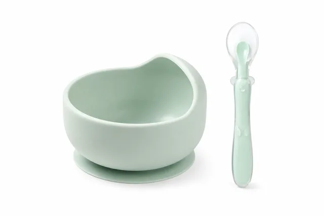 Babyono Silikonová miska s přísavkou + silikonová ohebná lžička - mint, mátová
