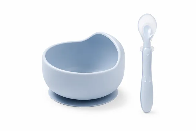 Babyono Silikonová miska s přísavkou + silikonová ohebná lžička - modrá