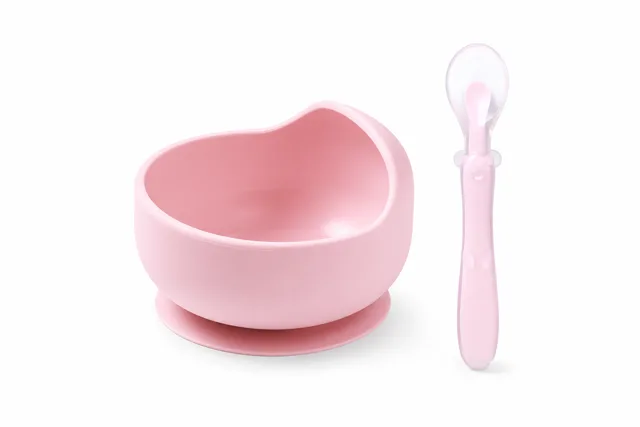 Babyono Silikonová miska s přísavkou + silikonová ohebná lžička - růžová