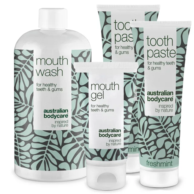 Balení 4 produktů s Tea Tree olejem na ústní hygienu — Pro každodenní péči při kvasince v ústech, paradentóze a zánětu dásní.