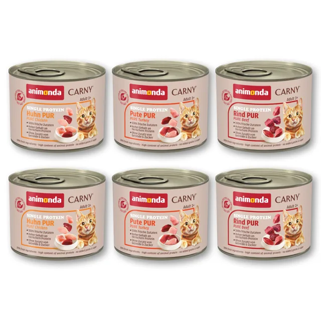 Balení na vyzkoušení animonda Carny Single Protein Adult 6 x 200 g - míchané balení