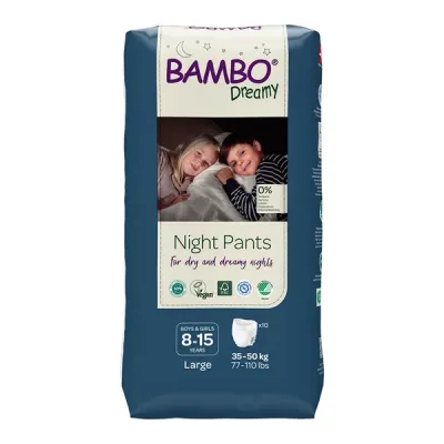 Bambo Dreamy Night Pants Unisex 8–15 let 35–50 kg noční navlékací plenkové kalhotky 10 ks