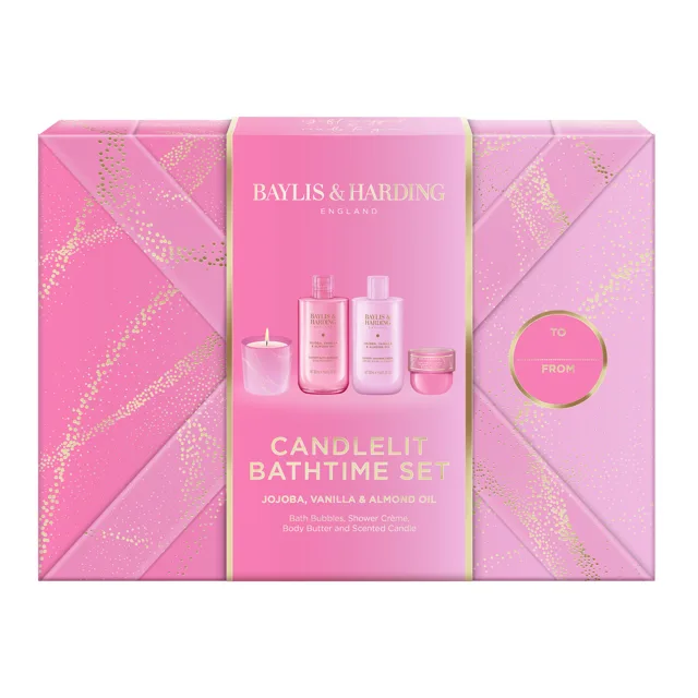 Baylis & Harding Dárková sada péče o tělo se svíčkou Jojoba, Vanilla & Almond Oil 4 ks