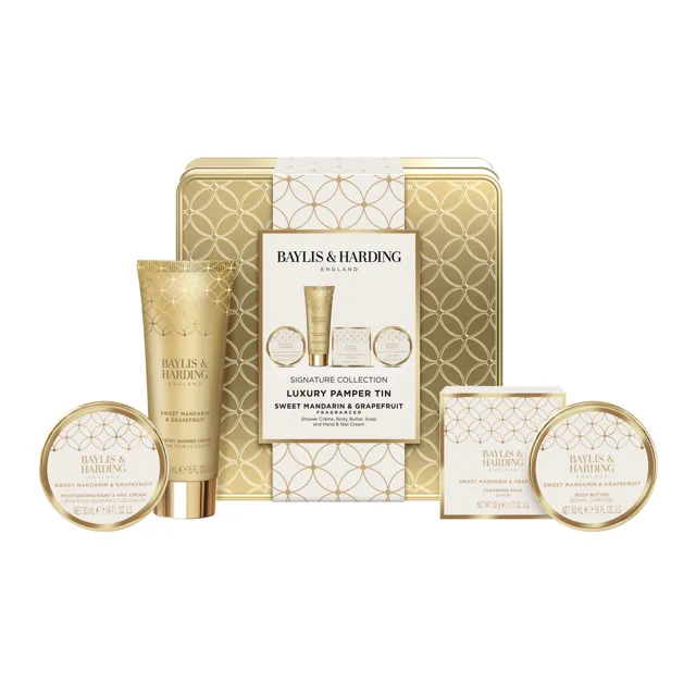 Baylis & Harding Dárková sada péče o tělo v plechové dóze Mandarinka & Grapefruit 4 ks