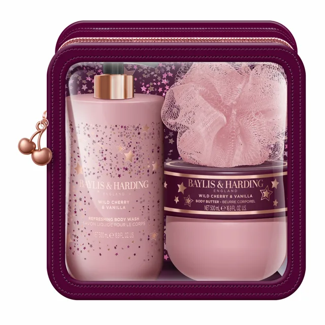 Baylis & Harding Dárková sada péče o tělo v taštičce Wild Cherry & Vanilla 3 ks