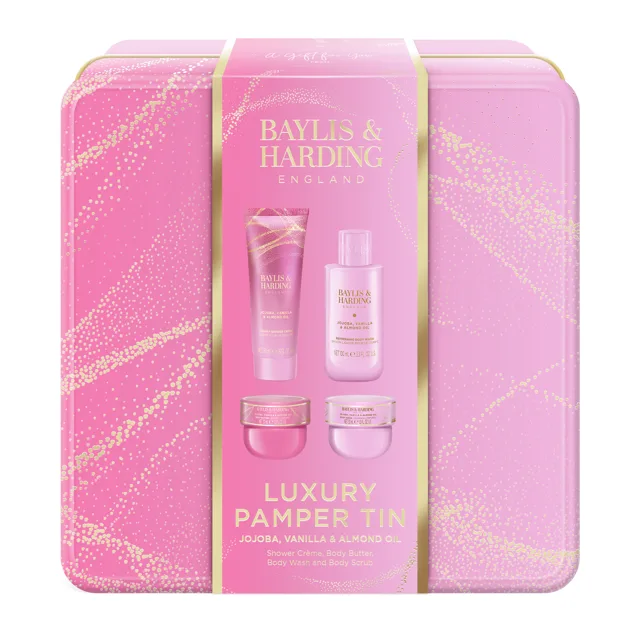 Baylis & Harding Dárková sada v plechové dóze Jojoba, Vanilla & Almond Oil 4 ks