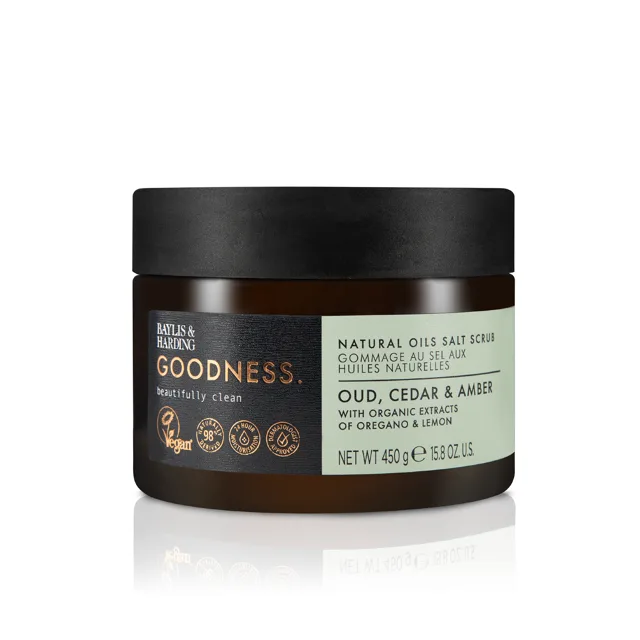 Baylis & Harding Tělový peeling Oud, Cedrové dřevo & Ambra 450 g