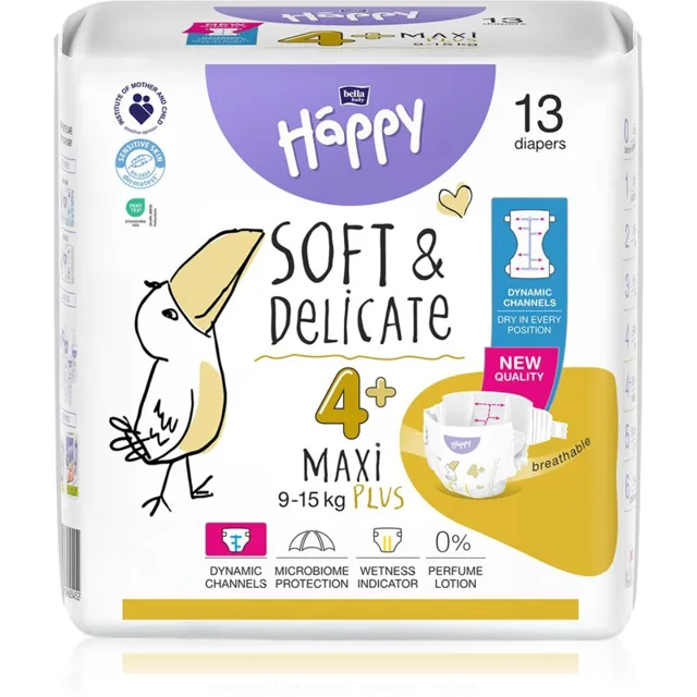 BELLA Baby Happy Soft&Delicate jednorázové pleny s kanálky Maxi Plus 9-15 kg 13 ks