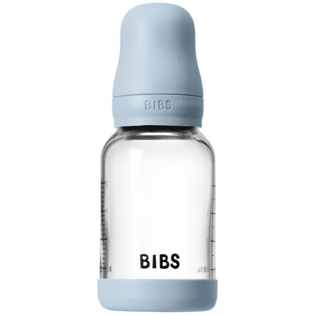 BIBS Baby Glass Bottle Silicone antikoliková láhev se silikonovým pítkem Baby Blue 1 ks