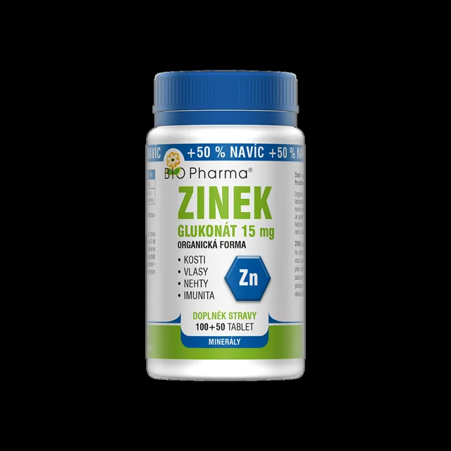 BIO PHARMA Zinek Glukonát 15 mg 100+50 tablet