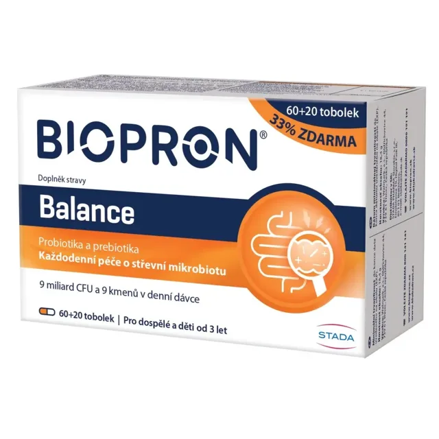 Biopron Balance probiotika a prebiotika pro každodenní péči o střevní mikrobiotu 60+20 tobolek