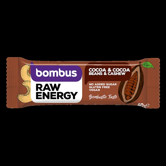 BOMBUS Raw energetická tyčinka kakao a kakaové boby 50 g
