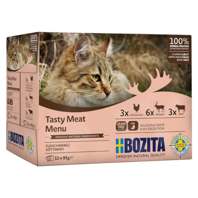 Bozita kousky v želé míchané balení 12 kapsiček (12 x 85 g) - míchané balení masové a rybí menu (4 druhy)