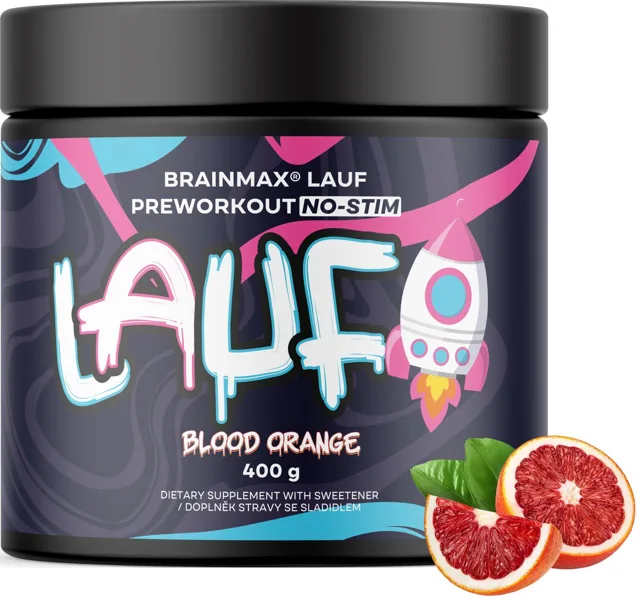 BrainMax LAUF® Preworkout, bez kofeinu, červený pomeranč, 400 g