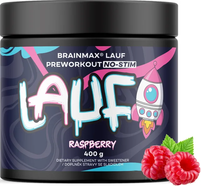 BrainMax LAUF® Preworkout, bez kofeinu, malina, 400 g