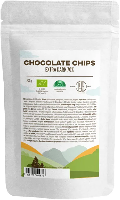 BrainMax Pure® Dark Chocolate 70% Chips, čokoládové pecičky z hořké čokolády, BIO, 250 g