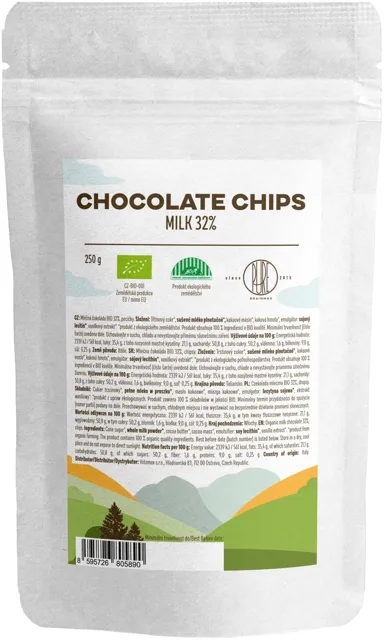 BrainMax Pure® Milk Chocolate Chips, čokoládové pecičky z mléčné čokolády, BIO, 250 g